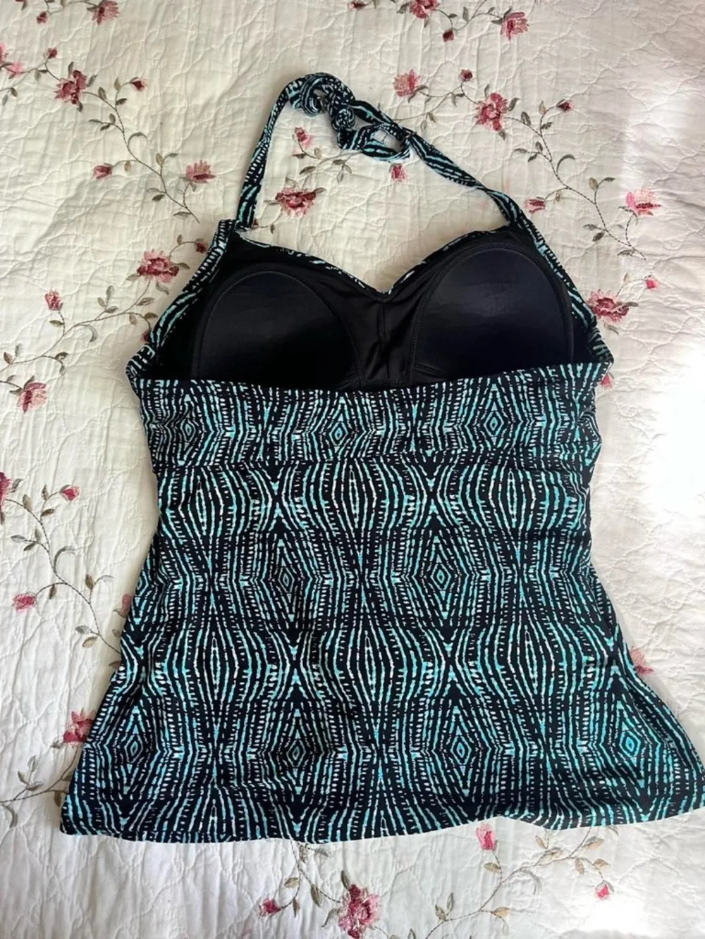 2000s St. John's Bay Teal and Black Patterned Halter Top/Tankini - Picture 4 of 8